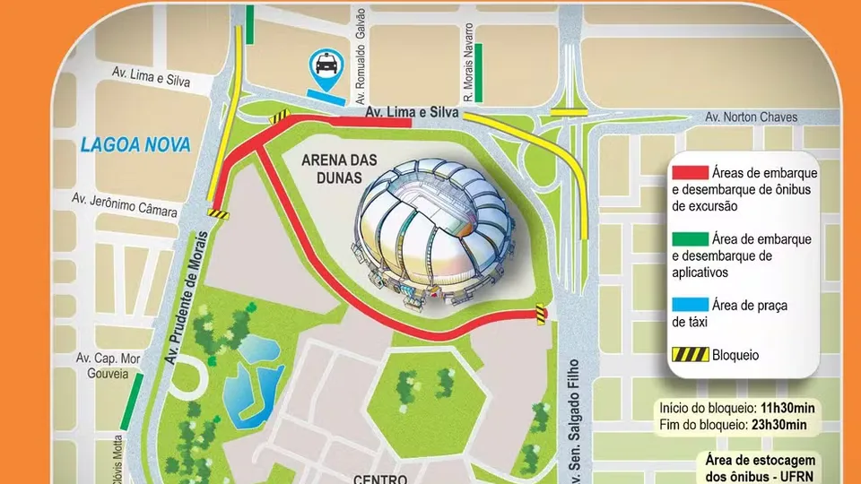 Avenidas no entorno da Arena das Dunas vão ter bloqueio de 12 horas para evento neste sábado (10)