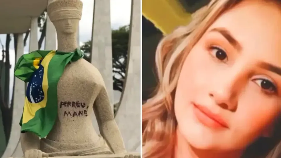 Montagem: à esquerda, a estátua A Justiça com a frase Perdeu, mané escrita com batom; à direita, foto de Débora Rodrigues dos Santos
