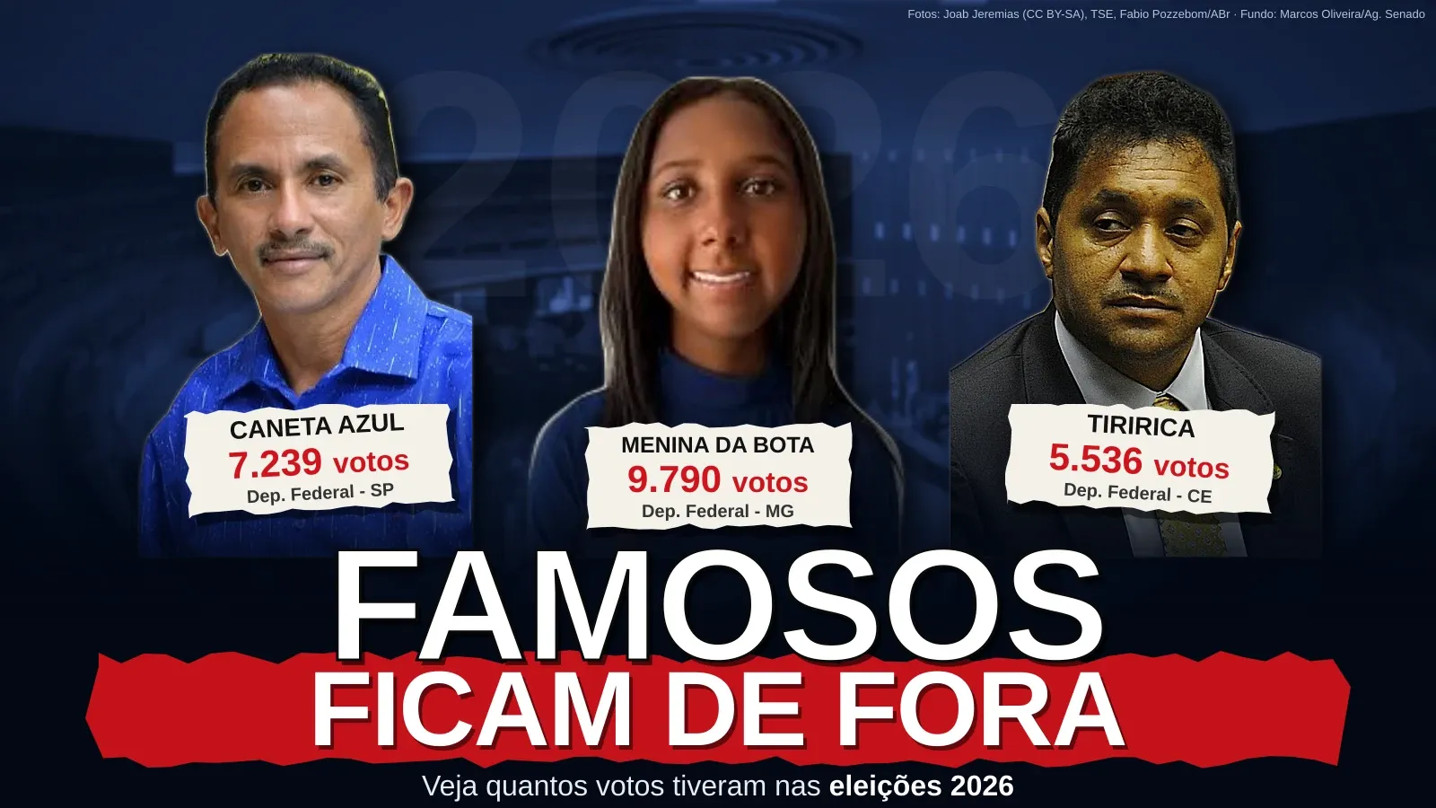 Cartaz com Caneta Azul, Menina da Bota e Tiririca, seus votos e o título Famosos ficam de fora