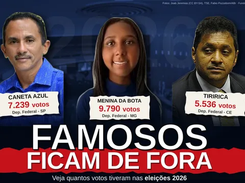 Cartaz com Caneta Azul, Menina da Bota e Tiririca, seus votos e o título Famosos ficam de fora
