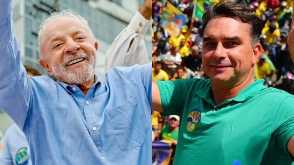Montagem com Lula sorrindo de braço erguido, à esquerda, e Flávio Bolsonaro de camisa verde, à direita
