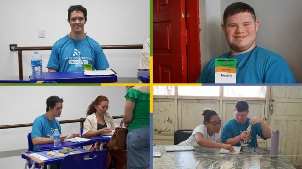 Montagem com fotos de Frederico e Gabriel, de camisa azul, trabalhando como mesários em seções eleitorais de Natal