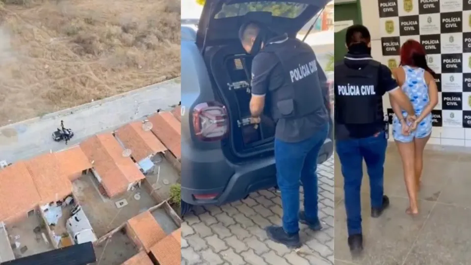 Montagem com imagem aérea de casas, policial civil revistando um carro e policial conduzindo uma mulher algemada